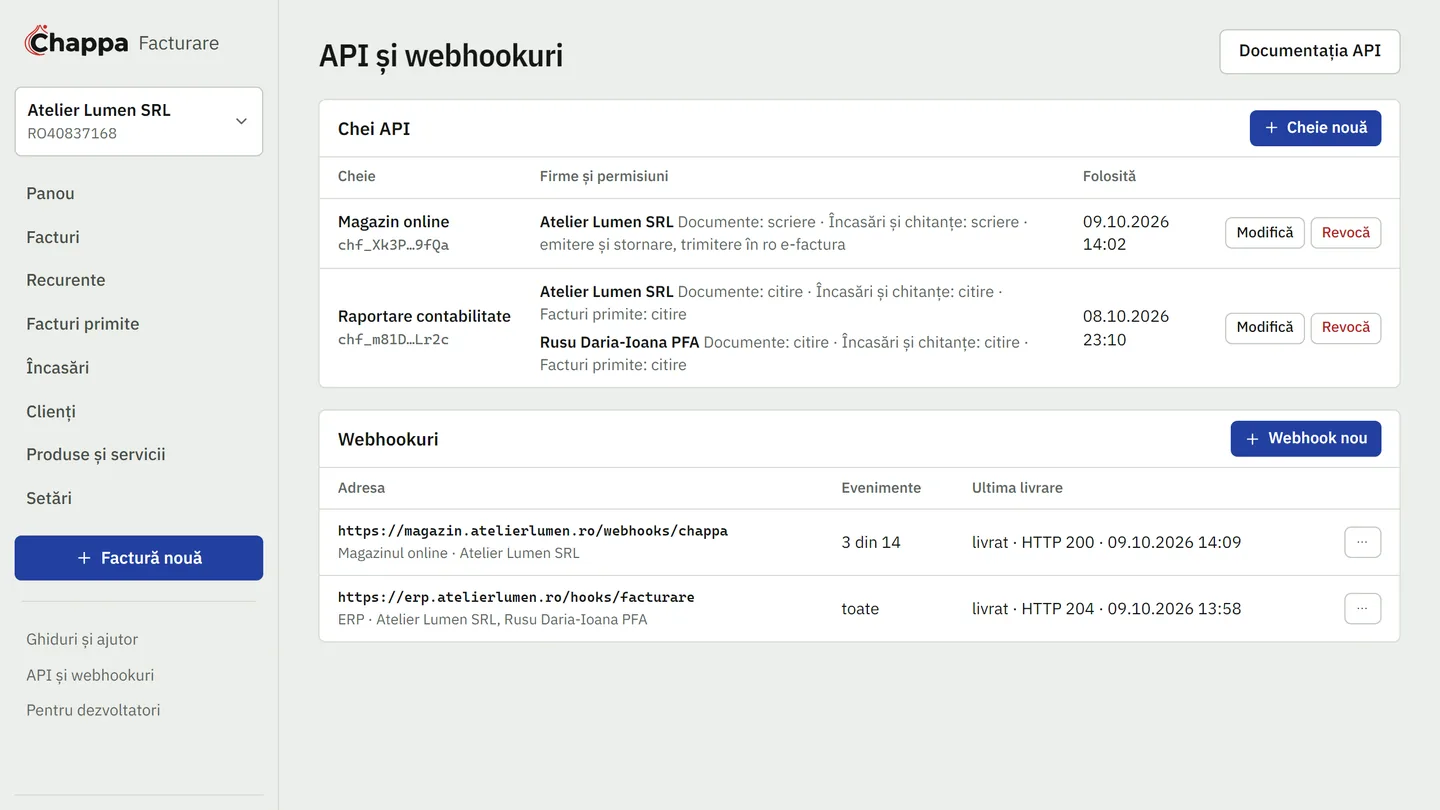 Ecranul API și webhookuri din Chappa Facturare: cheile API ale contului, cu firmele și permisiunile fiecăreia, și webhookurile, cu ultima livrare