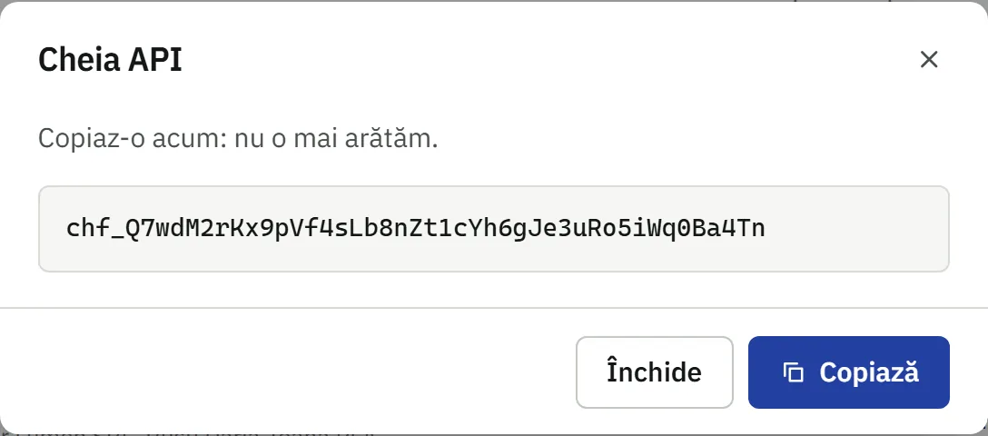 Cheia API nouă, afișată o singură dată în Chappa Facturare, cu butonul de copiere