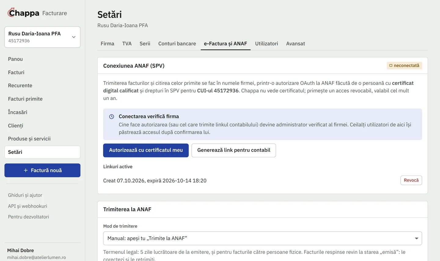 Setările unei firme neverificate în Chappa Facturare, la e-Factura și ANAF: autorizarea cu certificatul digital sau linkul pentru contabil