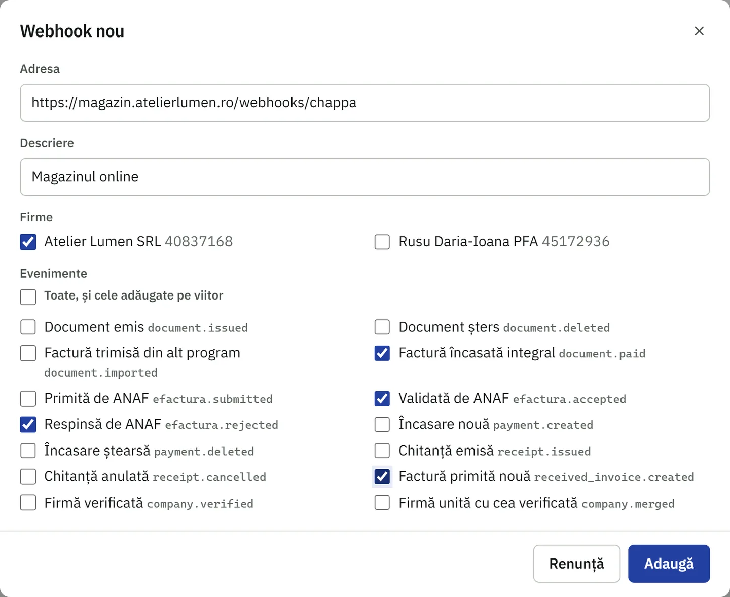 Dialogul Webhook nou din Chappa Facturare: adresa serverului, firmele și evenimentele alese, de la validarea ANAF la facturile primite